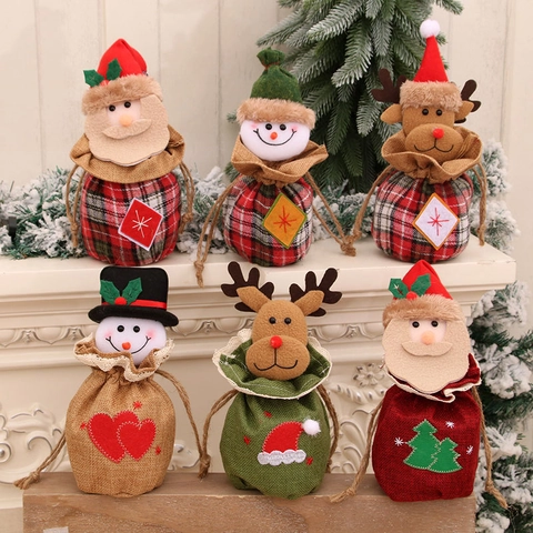 Christmas Burlap Gift Bags 3D Cartoon Santa Snowman Reindeer Pattern Drawstring Apple Candy Pouches Festive Party Decoration