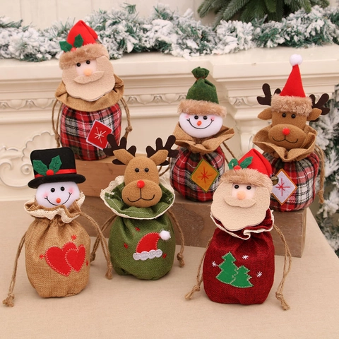 Christmas Burlap Gift Bags 3D Cartoon Santa Snowman Reindeer Pattern Drawstring Apple Candy Pouches Festive Party Decoration