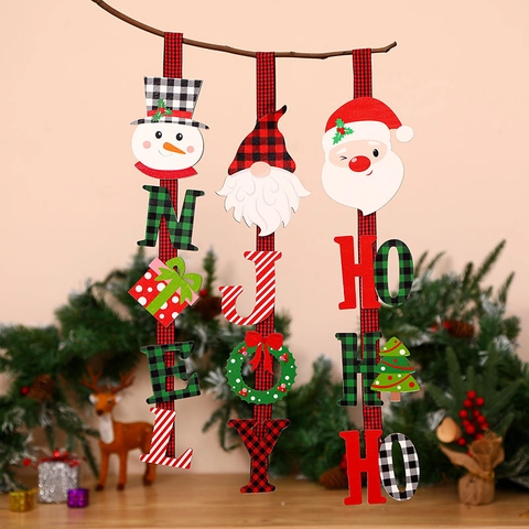 Insegna Sospesa Natalizia Verticale in Legno Con Babbo Natale Pupazzo di Neve Gnomo Alfabeto JOY NOEL HO HO HO Plaid Nastro Decorazione Porta Parete