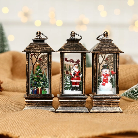 Lanterne LED de Noël Vintage Avec Père Noël Bonhomme de Neige Sapin de Noël Micro Paysage Lampe à Huile Bronze Rétro Pour Décoration Maison