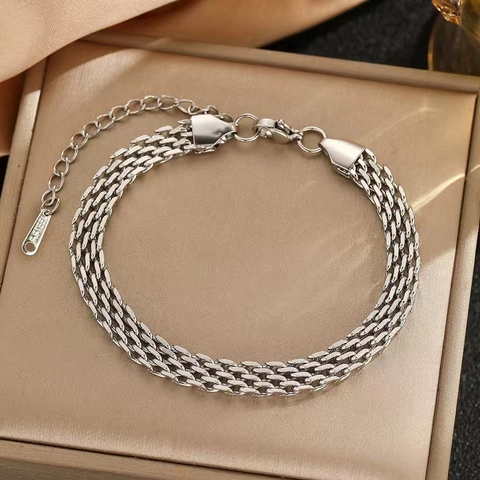 Bracelet En Maille Tissée En Acier Inoxydable Chaîne Multi Couches Réglable Fermoir Mousqueton Bijou Chic Pour Homme Femme