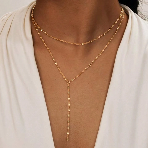Collar De Acero Inoxidable De Doble Capa En Forma De Y Lariat Cadena Larga Joyería De Moda Elegante Regalo Para Mujeres