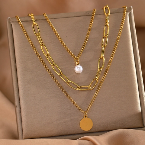 Collar De Capas De Acero Inoxidable Con Cadena De Clip Perla Artificial Sintética Y Colgante De Disco Joyería De Moda Para Mujer