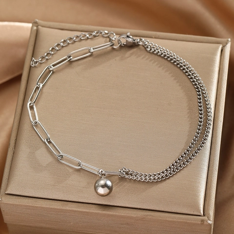 Minimalist Stainless Steel Anklet For Women Asymmetric Spliced Paperclip And Double Chain With Polished Ball Pendant Adjustable