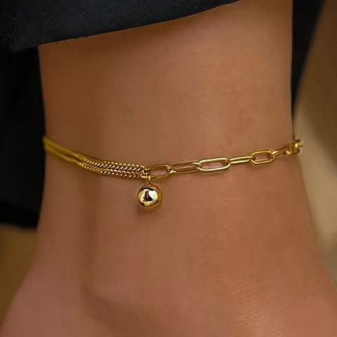 Minimalist Stainless Steel Anklet For Women Asymmetric Spliced Paperclip And Double Chain With Polished Ball Pendant Adjustable