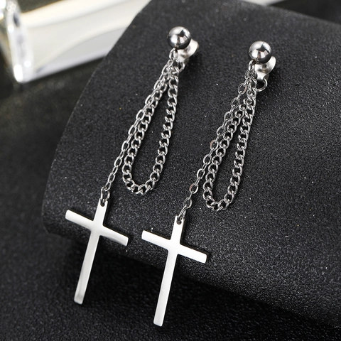 Stainless Steel Cross Pendant Chain Drop Earrings Retro Punk Gothic Style Minimalist Jewelry For Women Men
