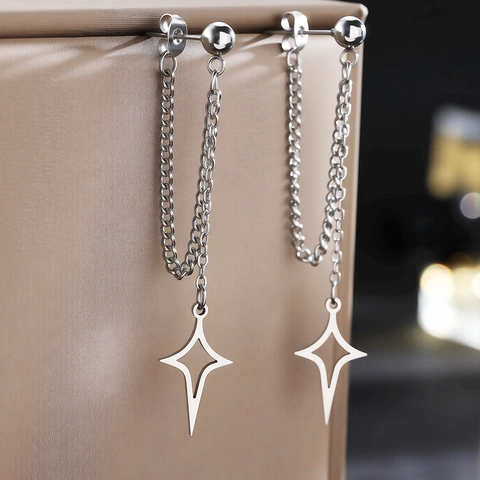 Edelstahl Stern Quaste Ohrringe Für Damen Hohl Vier Zacken Stern Lange Kette Tropfen Baumeln Minimalistischer Schmuck
