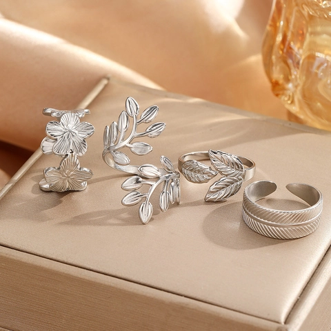 Stainless Steel Rings Leaf Flower Feather Open Adjustable Finger Jewelry Vintage Minimalist Boho Women Men