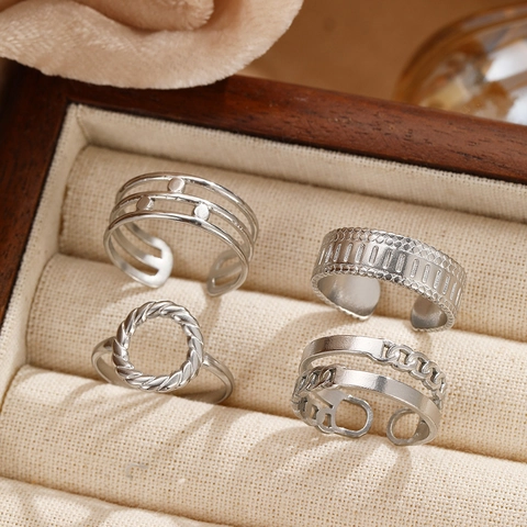 Stainless Steel Rings Geometric Hollow Circle Open Adjustable Stackable Minimalist Vintage Jewelry For Women Men