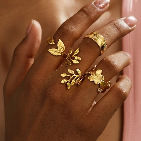 Stainless Steel Rings Leaf Flower Feather Open Adjustable Finger Jewelry Vintage Minimalist Boho Women Men