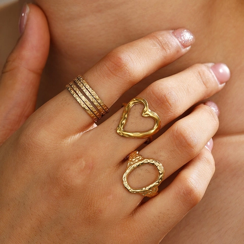 Gehämmerte Edelstahl Ringe Verstellbar Damen Herz Oval Mehrlagig Retro Minimalistischer Fingerschmuck