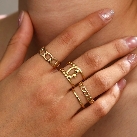 Stainless Steel Rings Cuban Chain Hollow Geometric Adjustable Open Stackable Finger Rings Women Punk Minimalist Vintage Jewelry