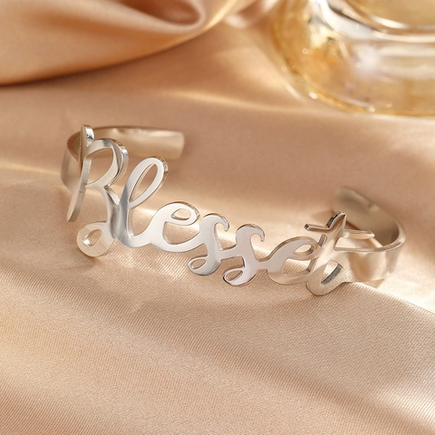 Blessed Letter Cuff Bracelet Stainless Steel Open Adjustable Bangle Personalized Minimalist Jewelry For Women Men