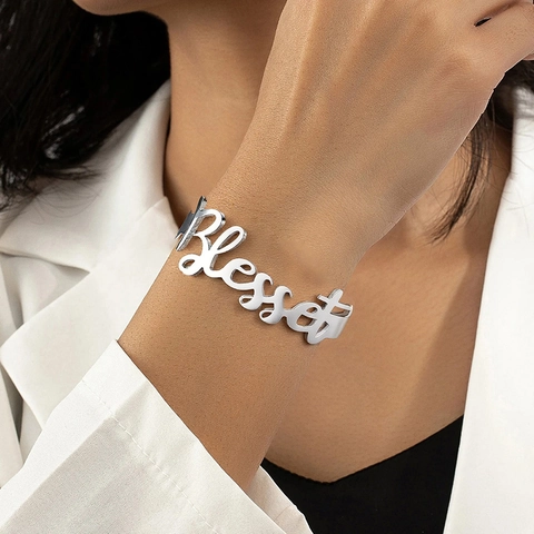Blessed Letter Cuff Bracelet Stainless Steel Open Adjustable Bangle Personalized Minimalist Jewelry For Women Men