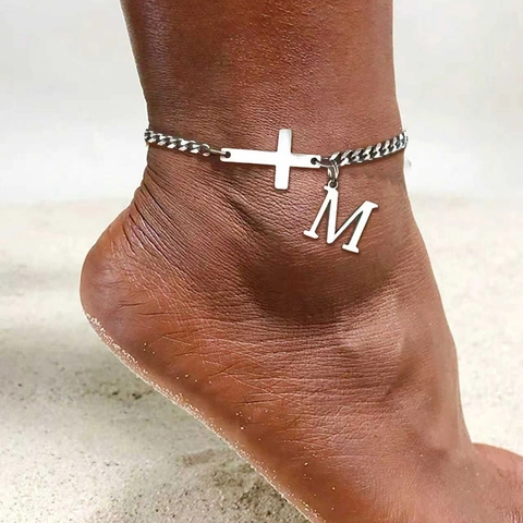 Stainless Steel Cuban Chain Anklet With Cross And Letter Pendant For Women Gold Silver Personalized Letter Charm Foot Jewelry