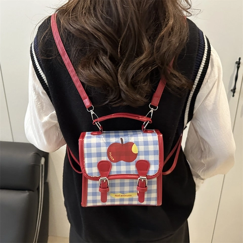 Mini Rucksack PU Leder Karo Gingham Apfel Druck Kawaii Umhängetasche Handtasche Student Lässig Kleine Quadratische Tasche