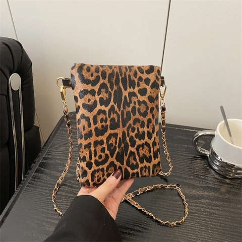 Damen Mode Kunstleder Leopard Muster Mini Umhängetasche Handytasche Mit Goldener Kette Kleine Quadratische Tasche