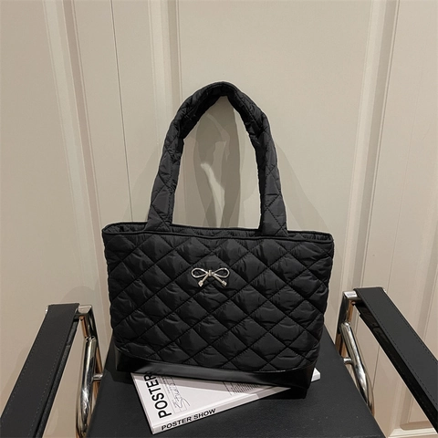 Mode Damen Gesteppte Einkaufstasche Rautenmuster Große Kapazität Schultertasche Mit Metallschleife Süße Weiche Puffer Handtasche