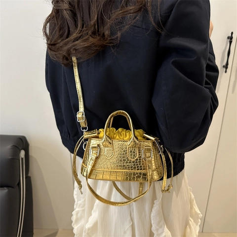 Trendy Dames Mini Handtas Met Krokodillenpatroon Stijlvolle PU Leren Crossbody Tas Met Binnentas Met Trekkoord Enkele Band
