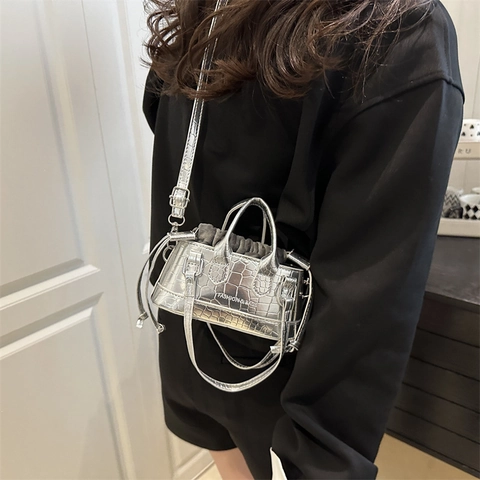 Minimalistische PU Leder Mini Umhängetasche Mit Steinmuster Für Damen Mode Crossbody Handtasche Mit Kordelzug Innentasche