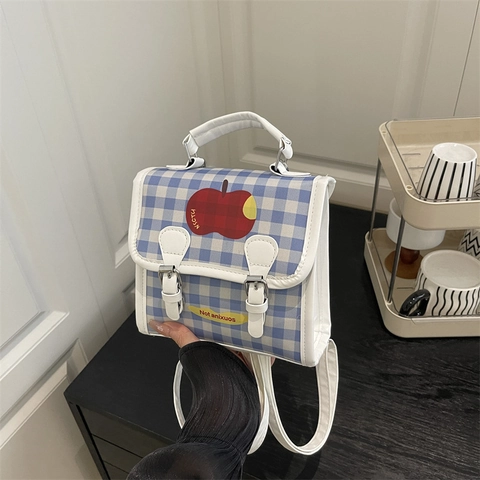 Mini Rucksack PU Leder Karo Gingham Apfel Druck Kawaii Umhängetasche Handtasche Student Lässig Kleine Quadratische Tasche