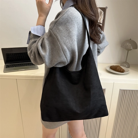 Retro Faux Suede Large Capacity Tote Bag For Women Casual Soft Shoulder Hobo Bag Solid Color Stitched Commuter Handbag