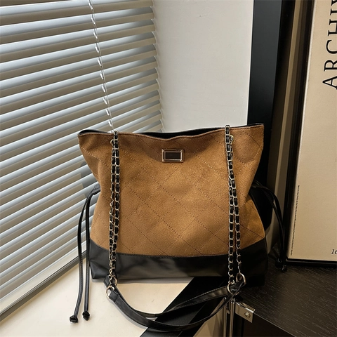 Borsa Tote Trapuntata Con Motivo A Rombi Camoscio Pelle Splicing Grande Capacità Catena Borsa A Tracolla Moda Pendolare