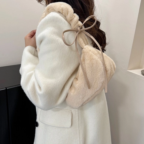 Bolso de Hombro de Felpa para Mujer Bolso de Piel Sintética Suave Con Lazo Asa Plisada Bolso de Axila Moda Casual de Invierno