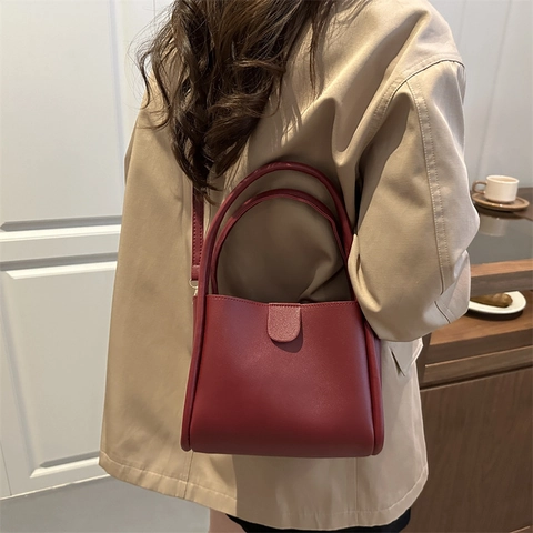 Bolso de Cubo de Cuero PU Vintage Minimalista Color Sólido Mujer Bolso Bandolera Moda Con Correa Uso Diario