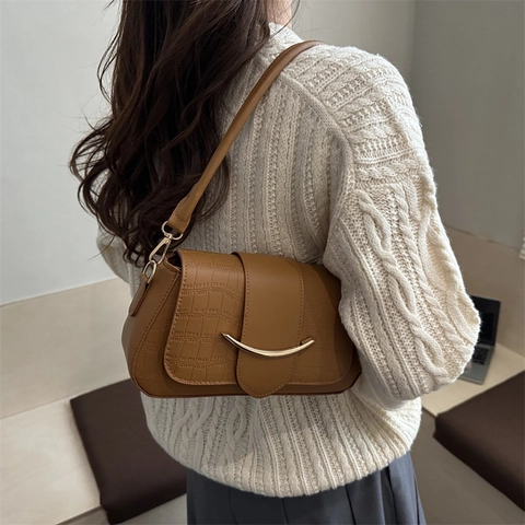 Damen Französischer Stil Krokodil-Muster Achseltasche PU-Leder Schultertasche Mit Goldener Sichelschnalle Retro Mode Handtasche