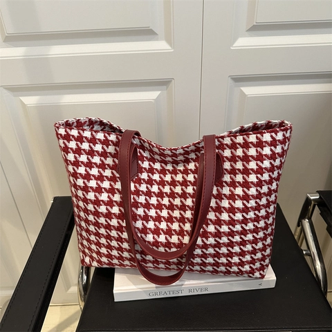 Women's Houndstooth Tote Bag Large Capacity Canvas Shoulder Bag Urban Minimalist Handbag With Zipper For Commuting Daily