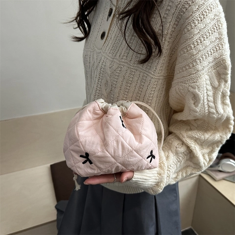 Damen Gesteppte Eimertasche Mit Kordelzug Schleifenstickerei Große Kapazität Nylon Handtasche Umhängetasche Kosmetiktasche