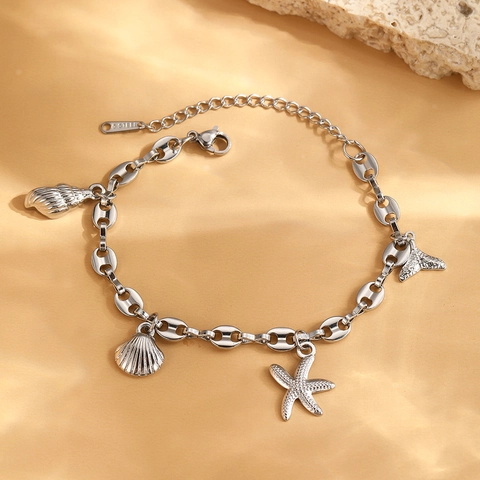 Stainless Steel Ocean Charm Bracelet Starfish Shell Conch Fishtail Pendants Beach Summer Style Women