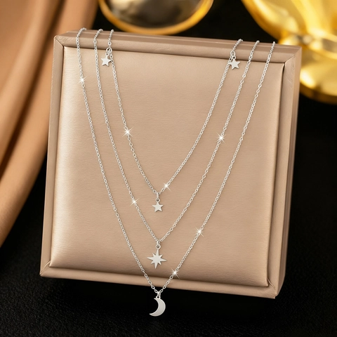 Collier Multi Rangées Acier Inoxydable Pendentifs Étoile Et Lune Chaîne Multiple Bijoux Élégants Minimalistes Pour Femmes