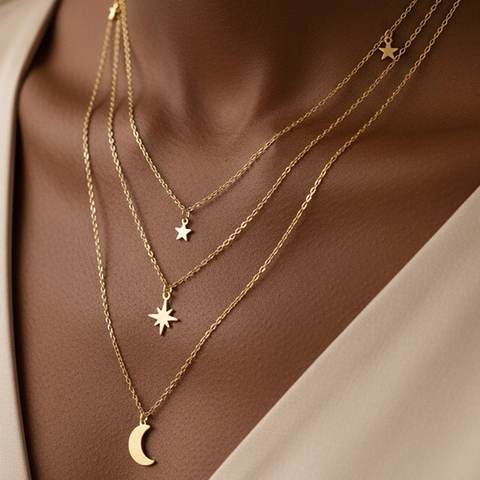 Collier Multi Rangées Acier Inoxydable Pendentifs Étoile Et Lune Chaîne Multiple Bijoux Élégants Minimalistes Pour Femmes