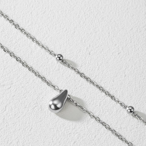 Stainless Steel Double Layer Anklet With Teardrop Pendant And Bead Chain Minimalist Summer Beach Jewelry For Women