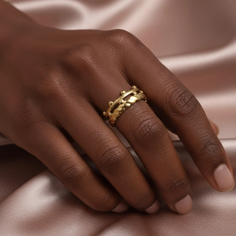 Stainless Steel Double Layer Open Ring Twist Rope Texture Metal Beads Adjustable Vintage Minimalist Jewelry For Women