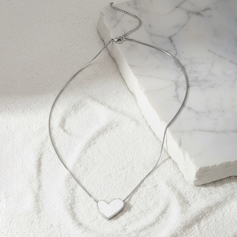 Heart Pendant Necklace Stainless Steel Mother Of Artificial Pearl Inlay Snake Chain Non-Tarnish Minimalist Jewelry For Women