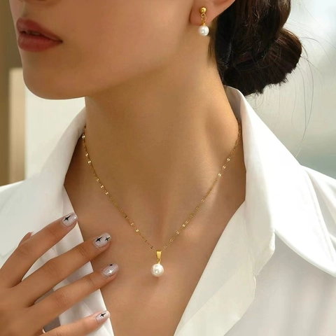 Collana Orecchini Künstliche Perle Imitazione Acciaio Inossidabile Elegante Pendente Gioielli Moda Donna