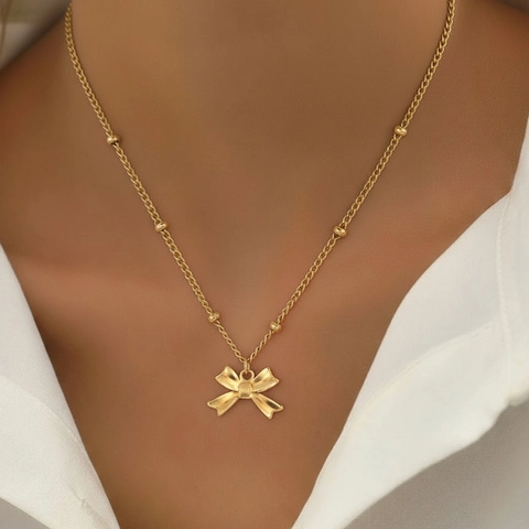 Collar con Colgante de Lazo de Acero Inoxidable Vintage Cadena de Cuentas Minimalista Oro Plata Gargantilla Para Mujer Joyería Elegante