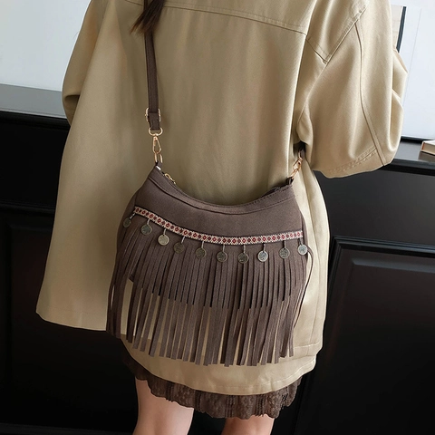 Borsa a Spalla con Frange in Finto Scamosciato in Stile Boho per Donna Borsa a Tracolla Etnica Vintage con Nappine