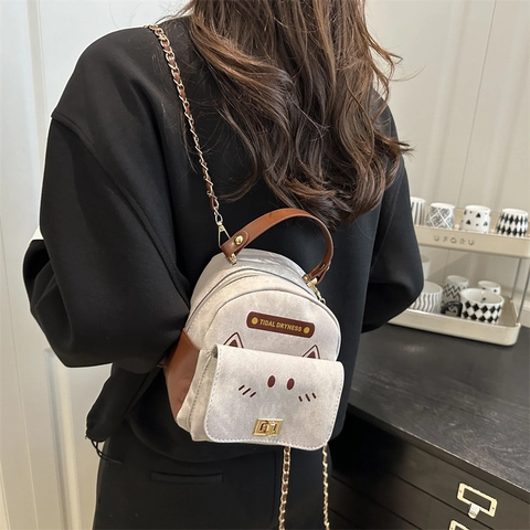 Mini Cat Pattern Denim PU Leather Backpack For Women Girls Cute Animal Embroidery Chain Strap Daily Casual Small Bag