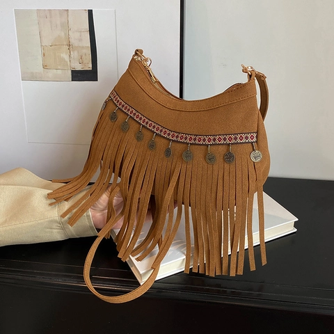 Borsa a Spalla con Frange in Finto Scamosciato in Stile Boho per Donna Borsa a Tracolla Etnica Vintage con Nappine