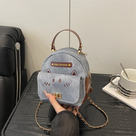 Mini Cat Pattern Denim PU Leather Backpack For Women Girls Cute Animal Embroidery Chain Strap Daily Casual Small Bag