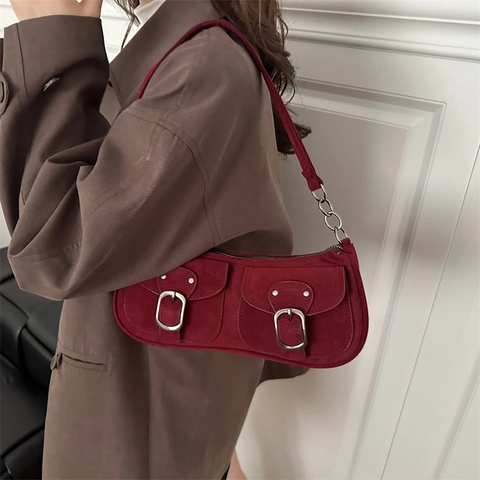 Klassische Unterarmtasche Aus Wildleder Für Damen Retro Moto Stil Doppelte Vordertaschen Metallschnalle Schultertasche