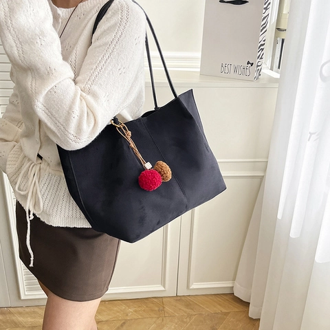 Borsa Tote Grande Capacità Pelle Scamosciata PU Minimalista Ufficio Borsa A Mano Con Pochette Interna E Ciondolo Pom Pom