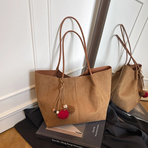 Borsa Tote Grande Capacità Pelle Scamosciata PU Minimalista Ufficio Borsa A Mano Con Pochette Interna E Ciondolo Pom Pom