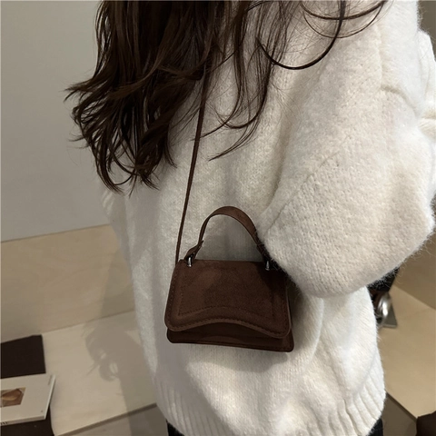 Mini Bolso Bandolera Para Mujer Textura Ante Esmerilado Solapa Ondulada Asa Superior Retro Pequeño Bolso De Hombro
