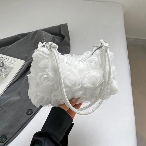 Borsa a Mano da Donna con Fiori di Rosa 3D Elegante in Tessuto Borsa Sottobraccio per Matrimonio Festa Romantica Floreale