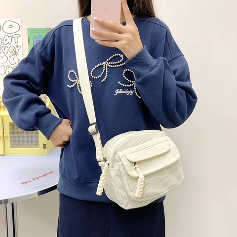 Vintage Women Corduroy Crossbody Bag Small Shoulder Bag With Front Flap Pocket Braided Zipper Pull Casual School Bag